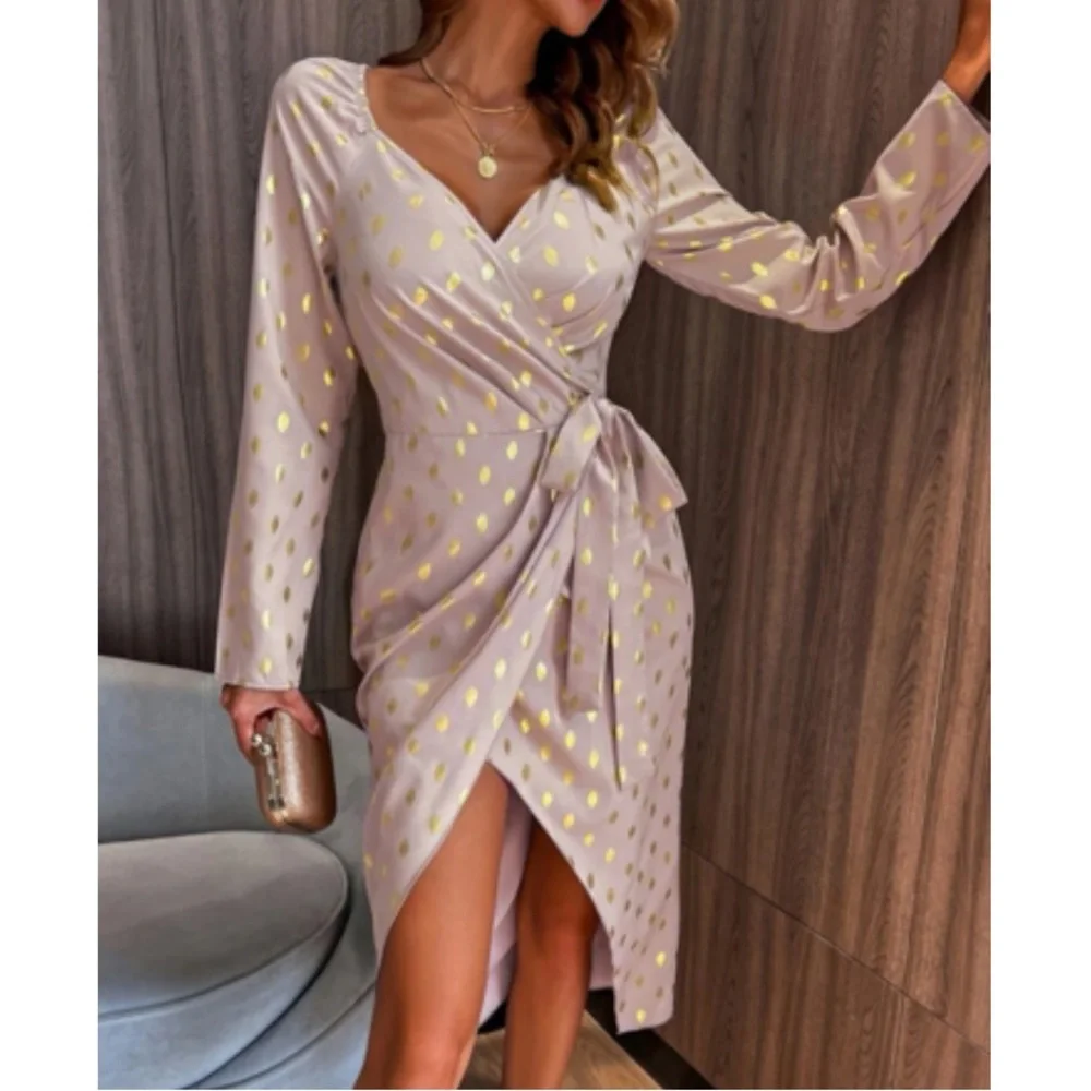 Luxe metallic gold dots wrap knot side party evening formal dress - Picture 15 of 15